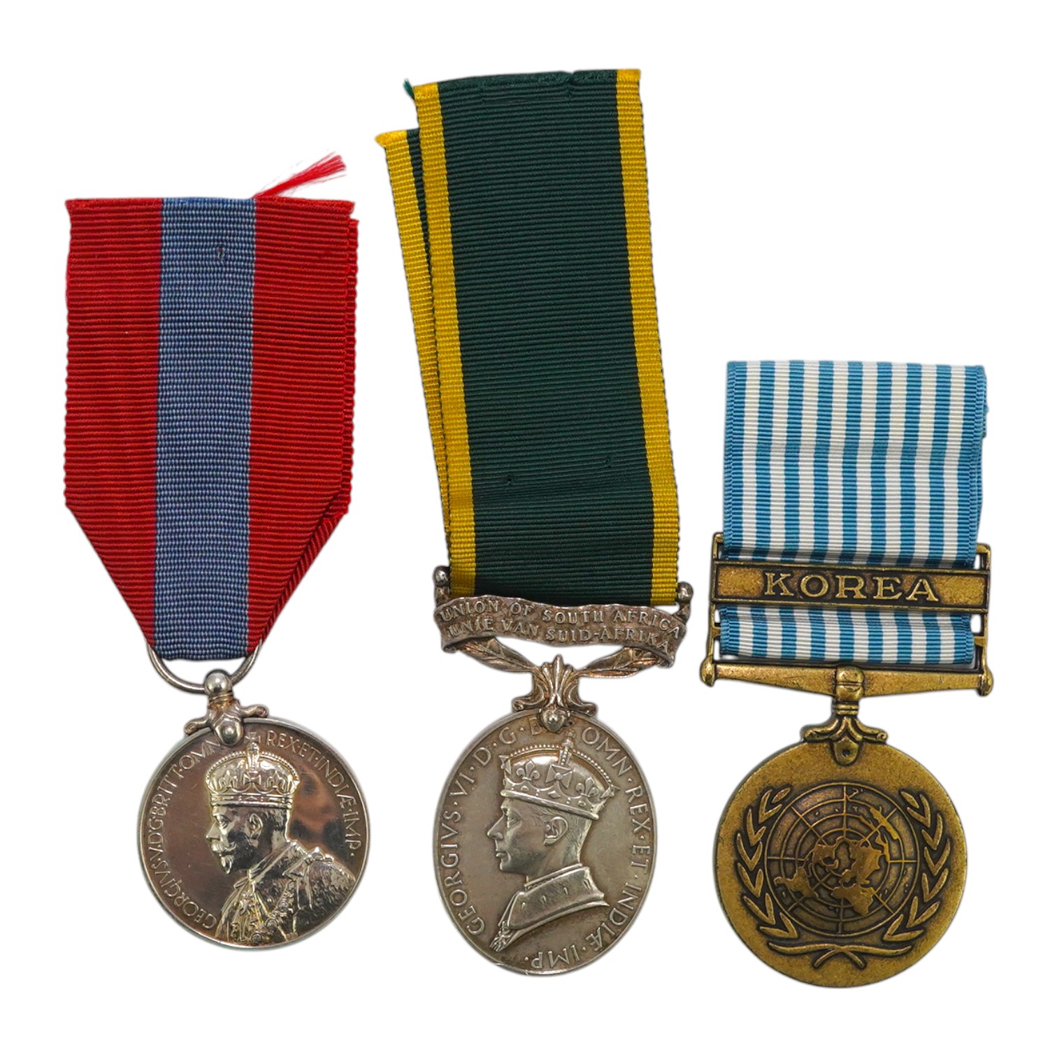 Three assorted medals; GVI (B) Union of South Africa Efficiency medal to S/Sgt.L.Gray S.A.C.S.; GV Imperial Service medal to George Moffatt; United Nations Korea medal. Condition - fair to good.